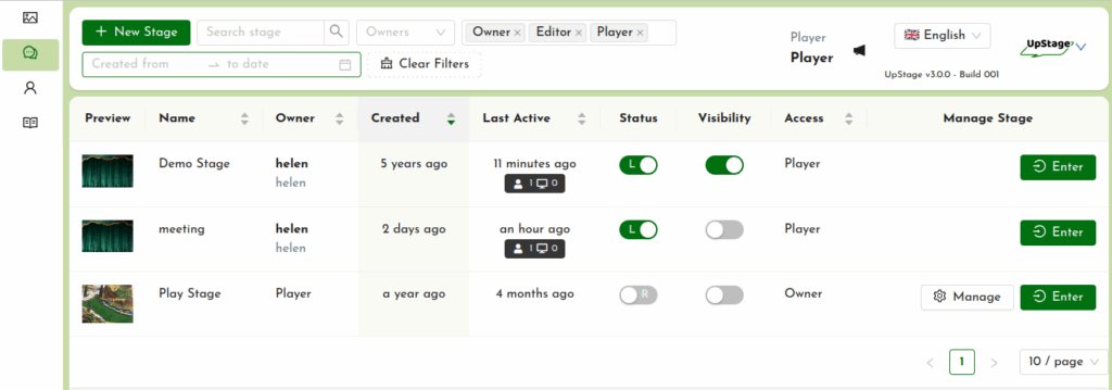 Screenshot of the Stages list in the Studio