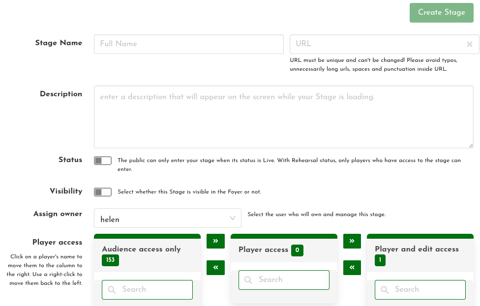Screenshot of the interface to create a new stage