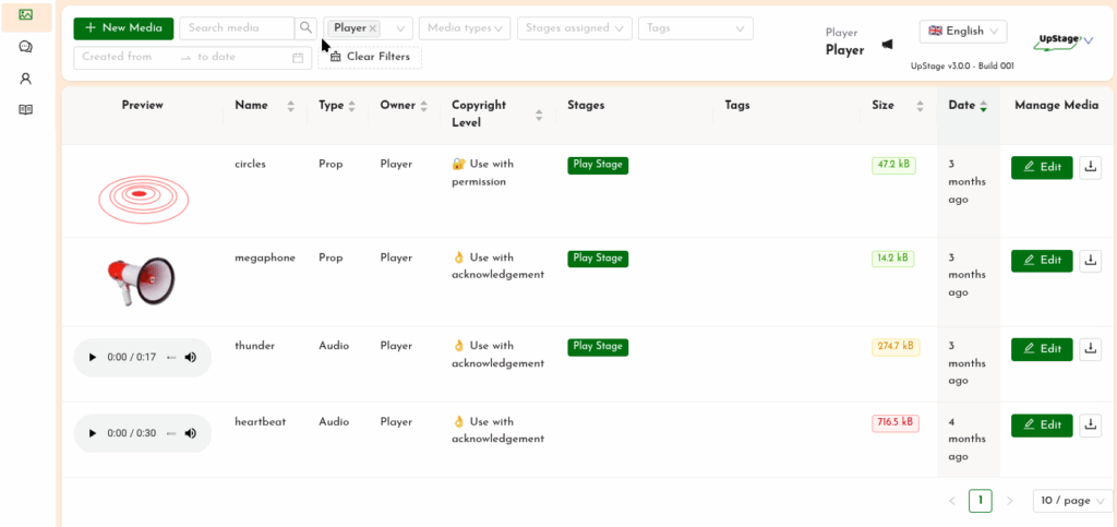 Screenshot of the Media list in the Studio